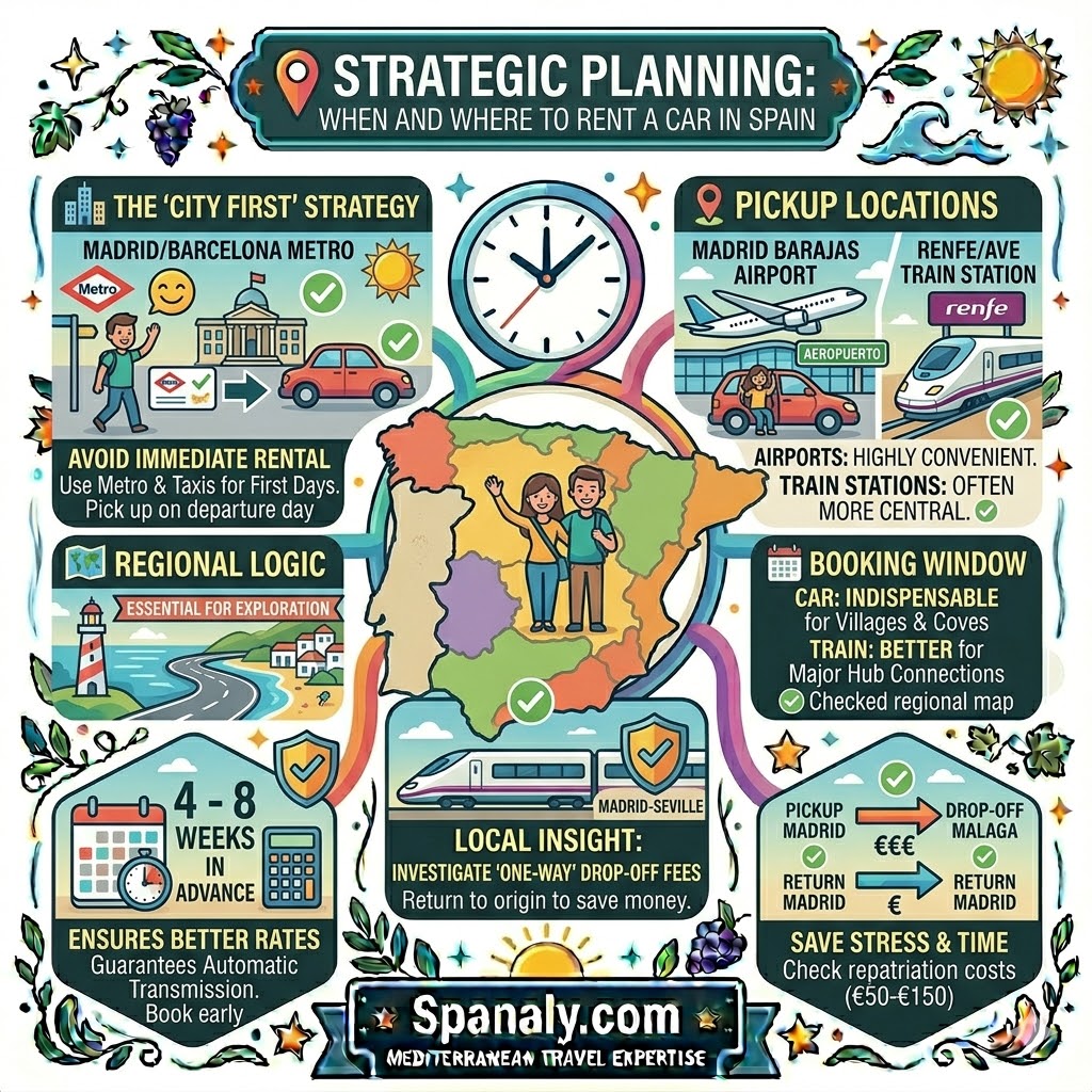 A colorful infographic illustrating strategic car rental planning in Spain, featuring panels for the city-first strategy in Madrid and Barcelona, pickup locations at airports and train stations, regional logic for Andalusia, and the 4-8 week booking window.