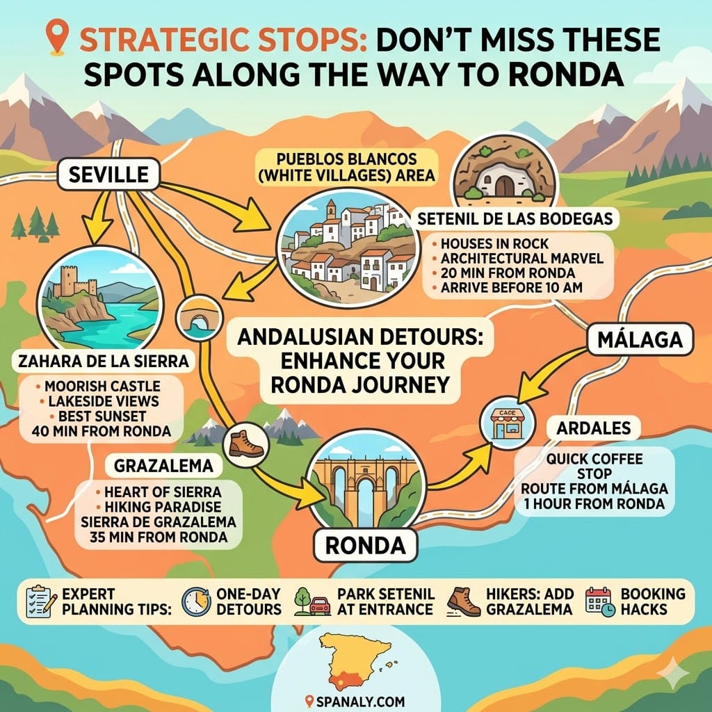 A colorful flat vector infographic showing strategic stops between Seville, Málaga, and Ronda, including Setenil de las Bodegas, Zahara de la Sierra, and Grazalema with travel times and expert detour tips.
