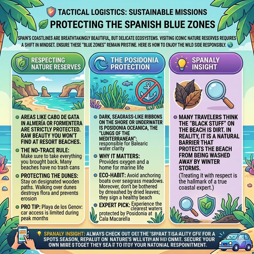 Sustainable travel infographic for Spanish beaches highlighting nature reserve rules, Posidonia Oceanica protection, and eco-friendly coastal habits.