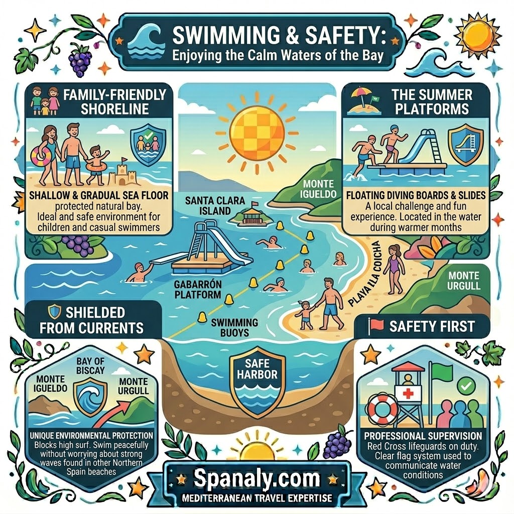 A colorful infographic illustrating swimming and safety at Playa de la Concha in San Sebastian, featuring its calm shallow waters, summer floating platforms, being shielded from currents, and professional lifeguard services.