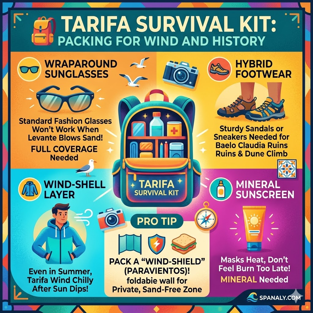 A vibrant infographic showing the essential packing list for Playa de Bolonia, Tarifa, featuring wraparound sunglasses for Levante winds, hybrid footwear for Roman ruins, mineral sunscreen, and a tactical wind-shield (Paravientos).