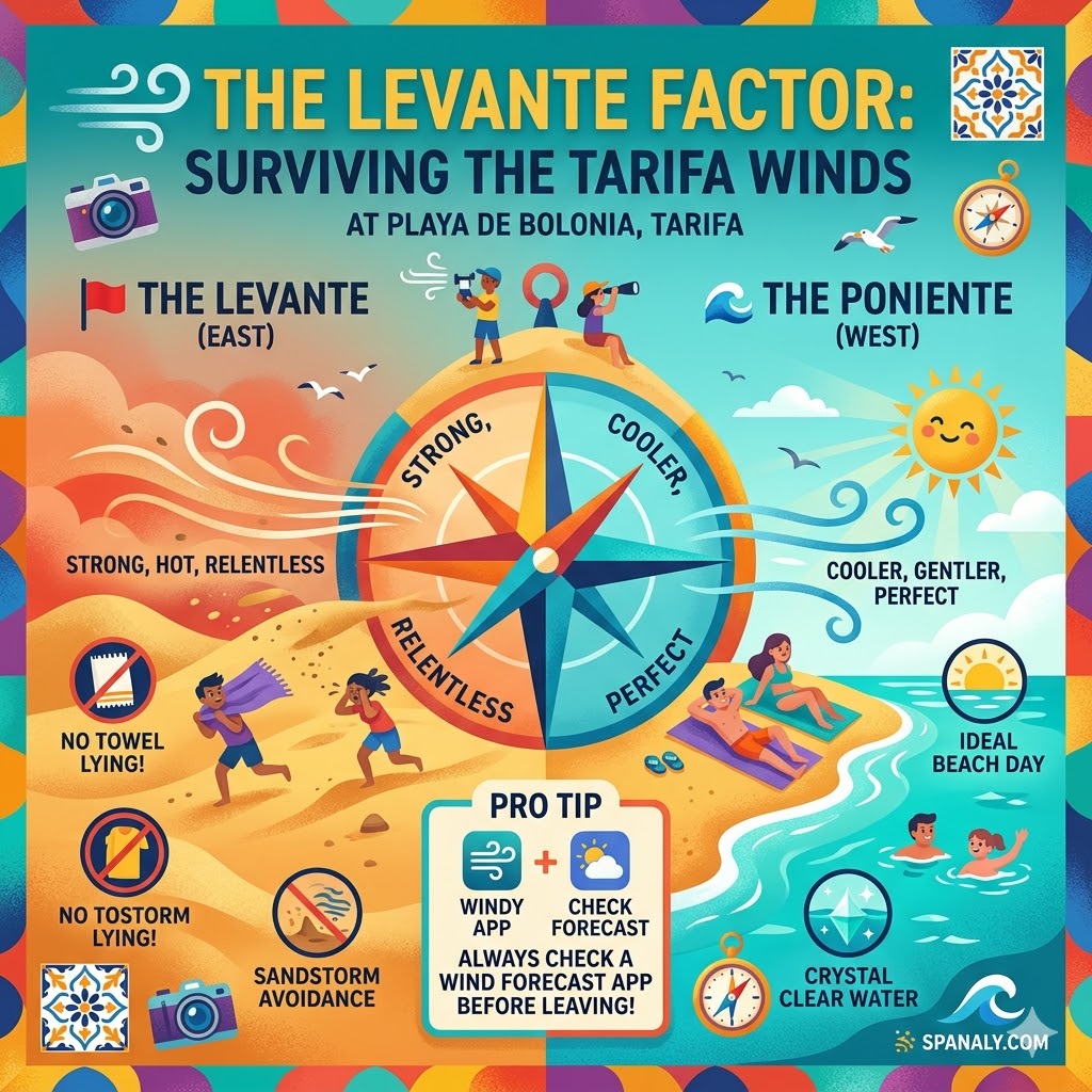 A vibrant infographic illustrating the wind factor in Tarifa, comparing the strong, hot 'Levante' east wind (🚩) that blows sand with the gentle, cool 'Poniente' west wind (🌊) perfect for a beach day at Playa de Bolonia.