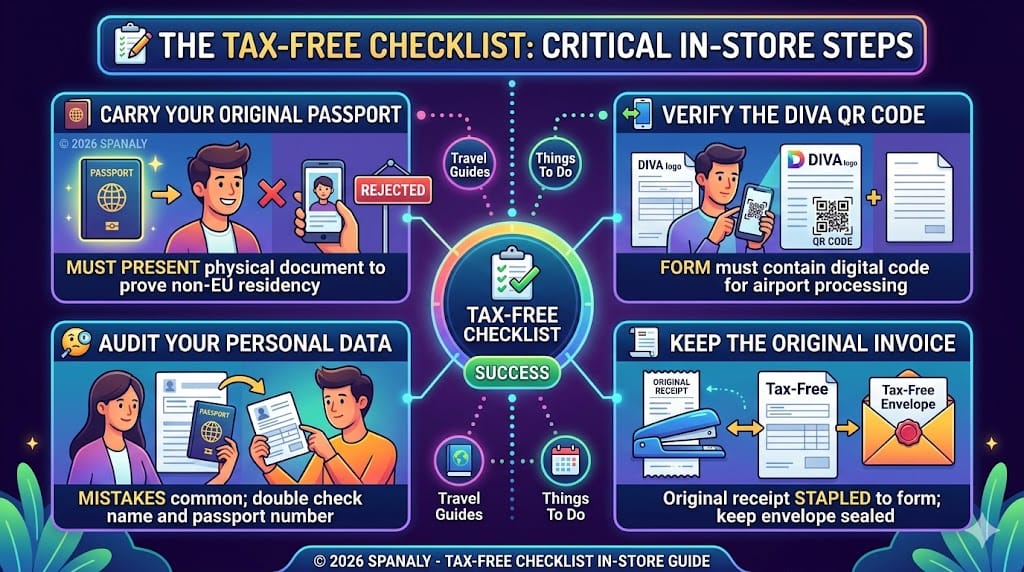 A vibrant infographic guide highlighting the definitive checklist for successful tax-free shopping in Spain, emphasizing carrying original passport, verifying the DIVA QR code, auditing personal data, and keeping the original invoice, all with no Arabic text.