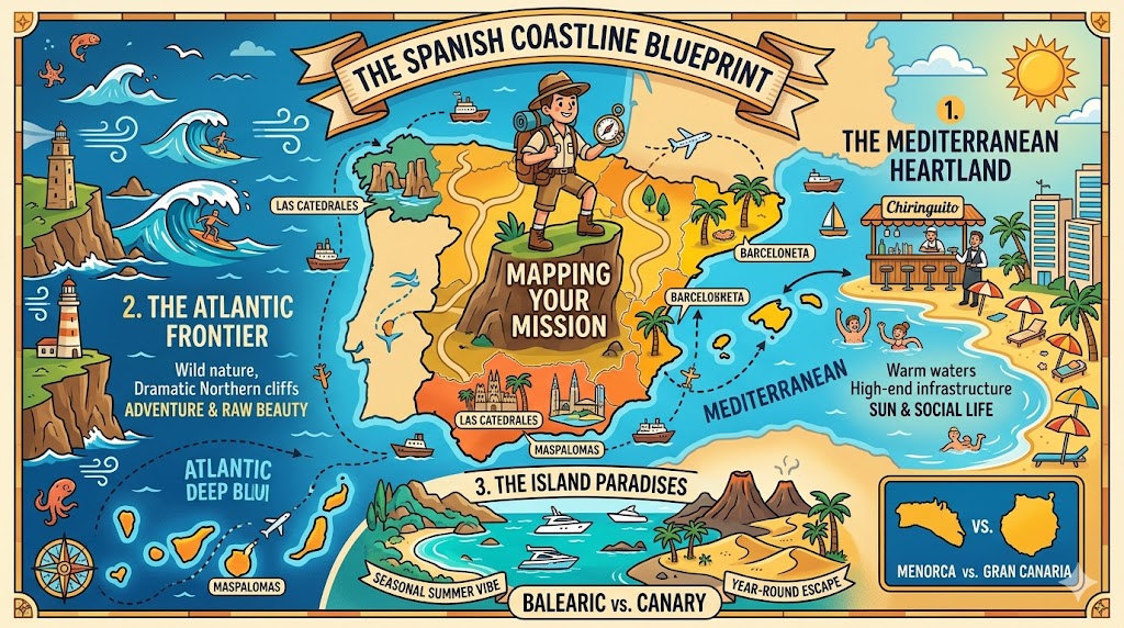 A detailed infographic map of Spain showing the Mediterranean Heartland, Atlantic Frontier, and Island Paradises for beach planning.