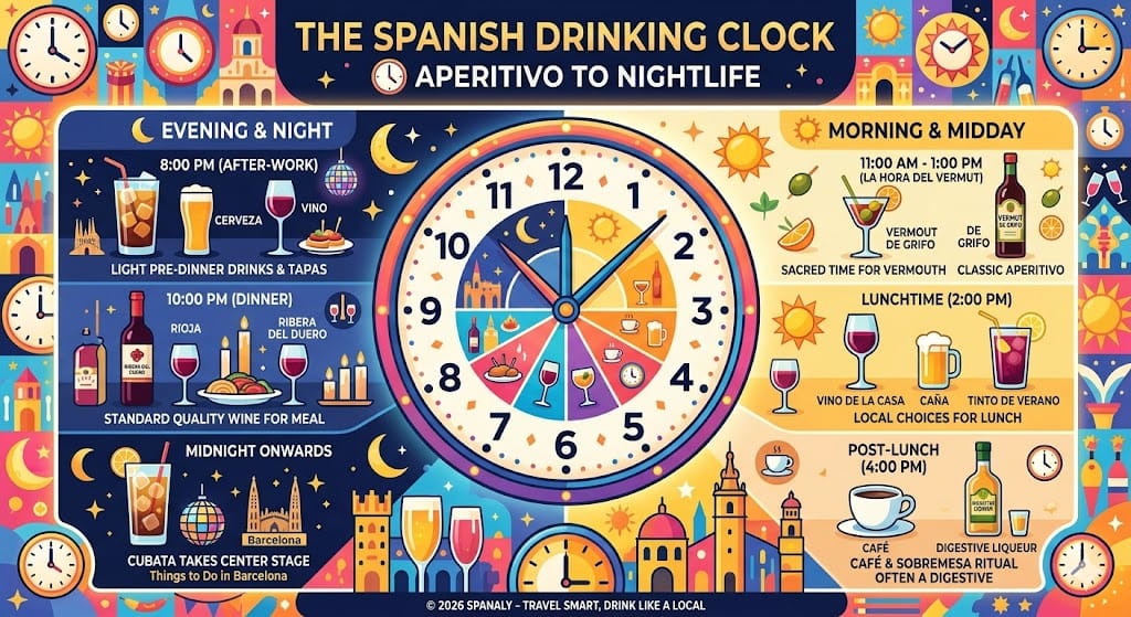 A colorful infographic titled The Spanish Drinking Clock: Aperitivo to Nightlife, showing the best times to drink Vermouth, Caña, Tinto de Verano, and digestive liqueurs throughout the day and night in Spain.