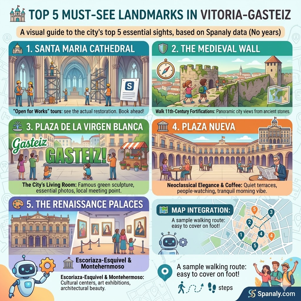 Infographic of Vitoria-Gasteiz top 5 landmarks including Santa Maria Cathedral, Medieval Wall, Plaza de la Virgen Blanca, Plaza Nueva, and Renaissance Palaces.