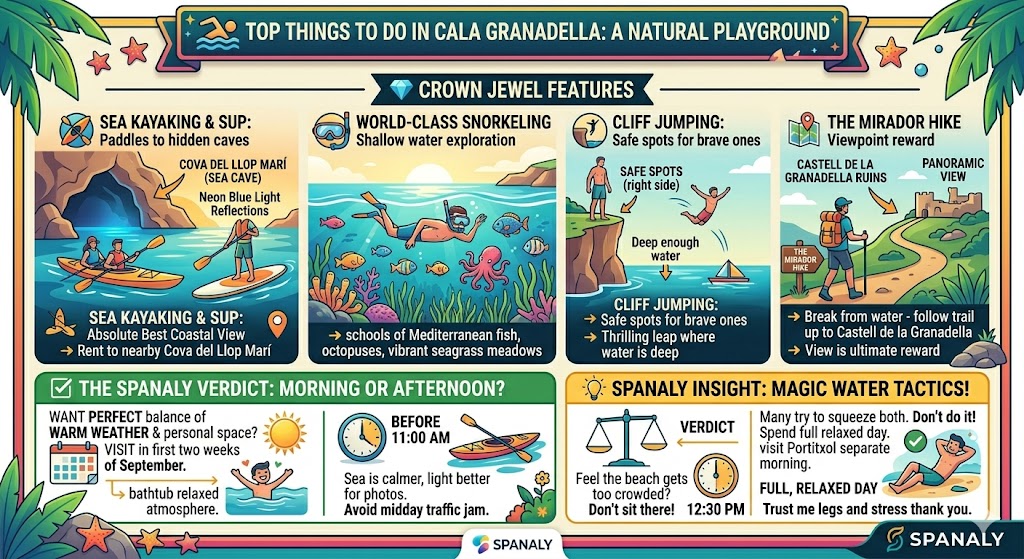 A vibrant infographic showing the best activities in Cala Granadella including sea kayaking to Cova del Llop Mari, snorkeling, and the Mirador hike.