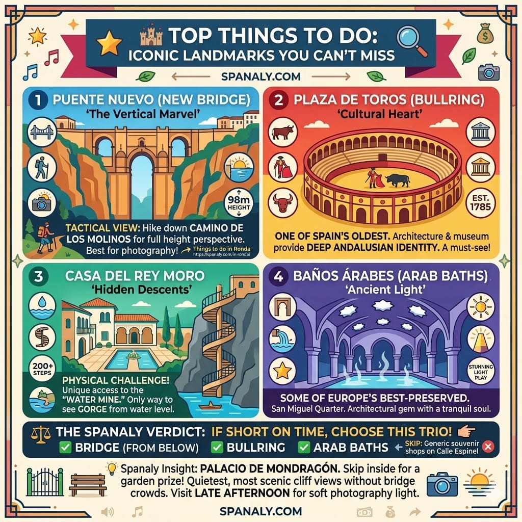 A colorful travel infographic showing the top things to do in Ronda, Spain, including the Puente Nuevo bridge, Plaza de Toros bullring, Casa del Rey Moro water mine, and the ancient Arab Baths.
