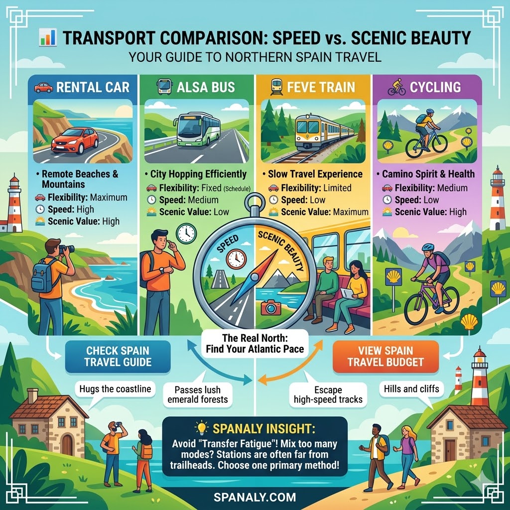 Infographic comparing Northern Spain transport options like rental cars, Alsa buses, and Feve trains based on speed and scenery.