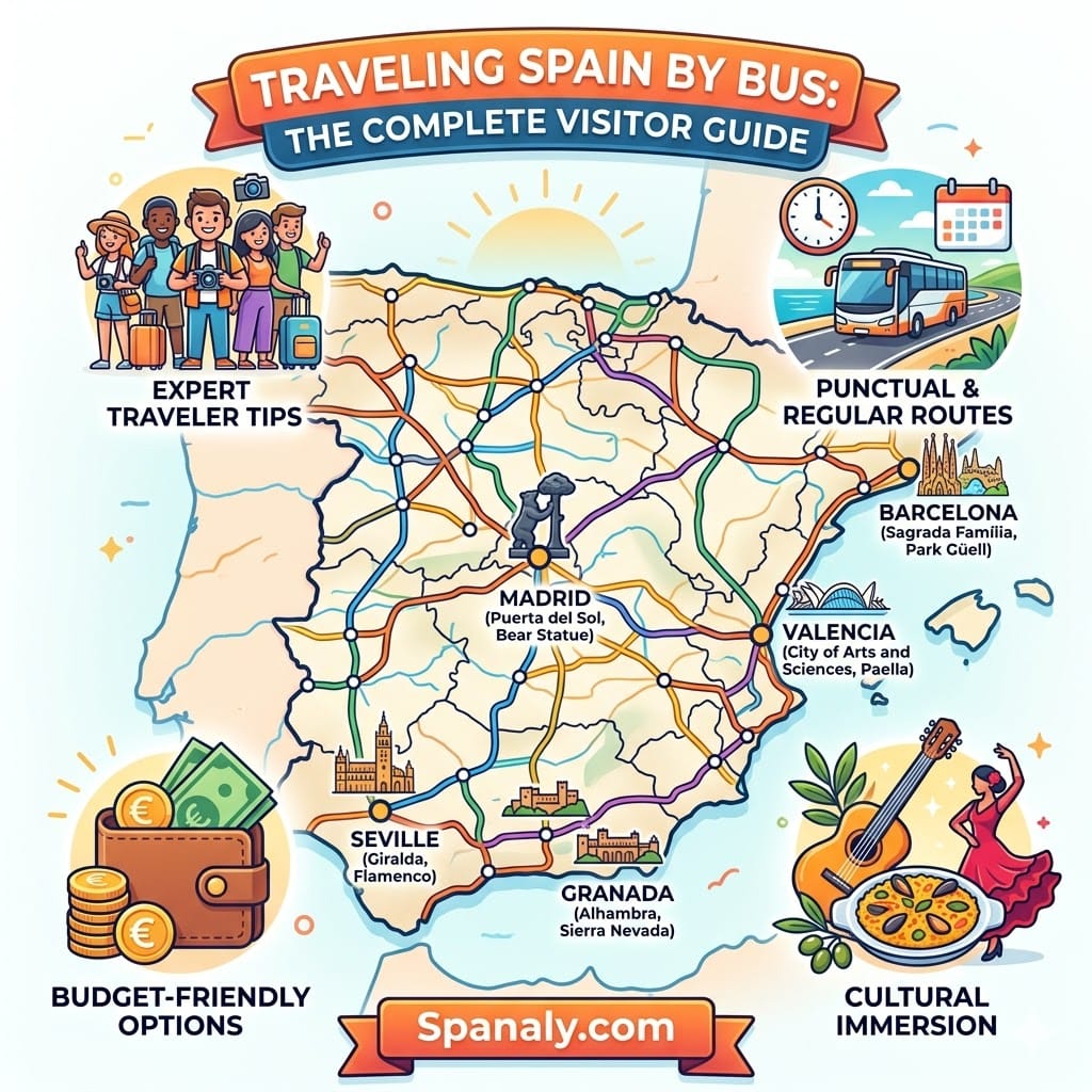An epic infographic map of Spain for 2026 highlighting the complete visitor guide for bus travel, including major city routes, expert traveler tips, and budget-friendly options.
