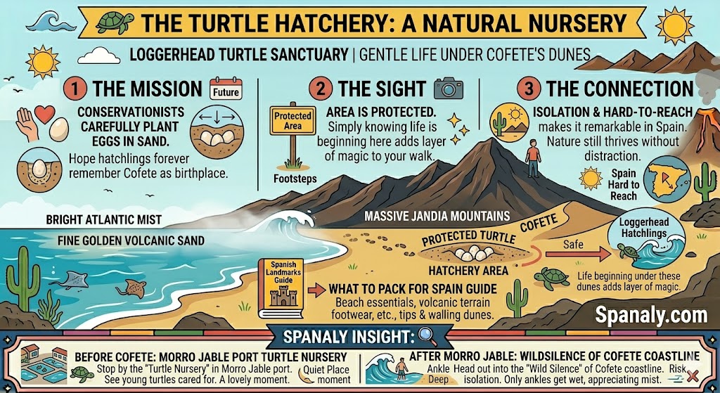 A nature conservation infographic for Playa de Cofete, detailing the Loggerhead turtle sanctuary, protected nesting areas, and the Morro Jable turtle nursery.