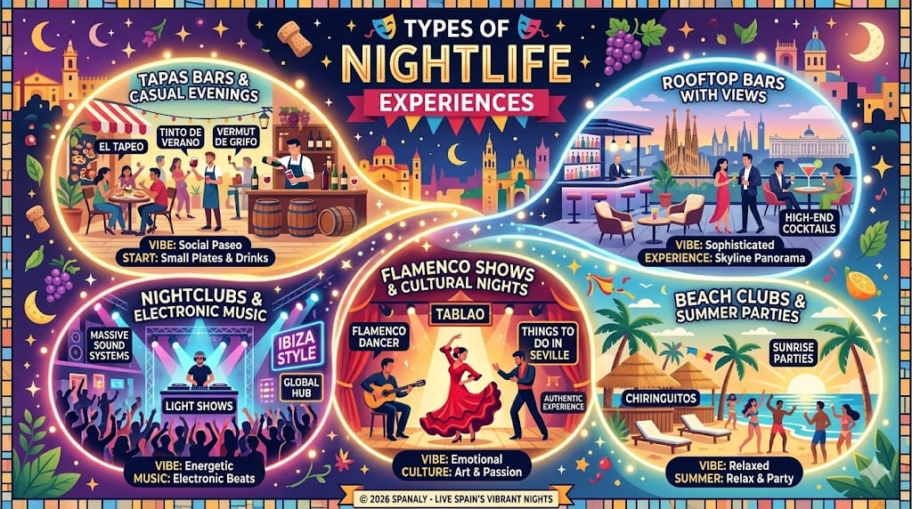 A colorful infographic titled Types of Nightlife Experiences in Spain, showcasing five key styles: Tapas Bars & Casual Evenings, Rooftop Bars with Skyline Views, Nightclubs & Electronic Music, Flamenco Shows & Cultural Nights, and Beach Clubs & Summer Parties.