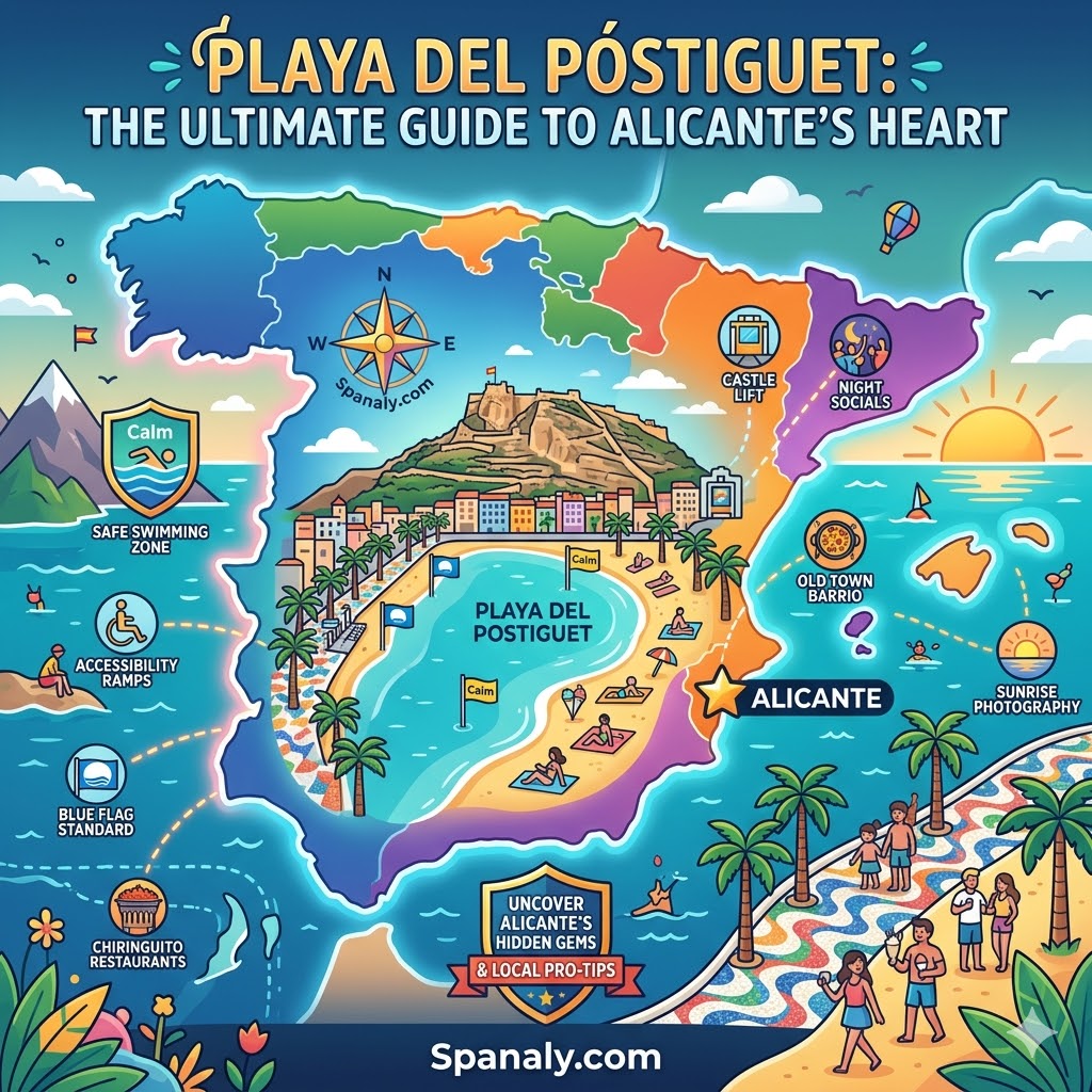 An epic infographic map of Spain highlighting Playa del Postiguet in Alicante, featuring key landmarks like Santa Barbara Castle, blue flag status, and beachfront dining in a vibrant flat vector style by Spanaly.com