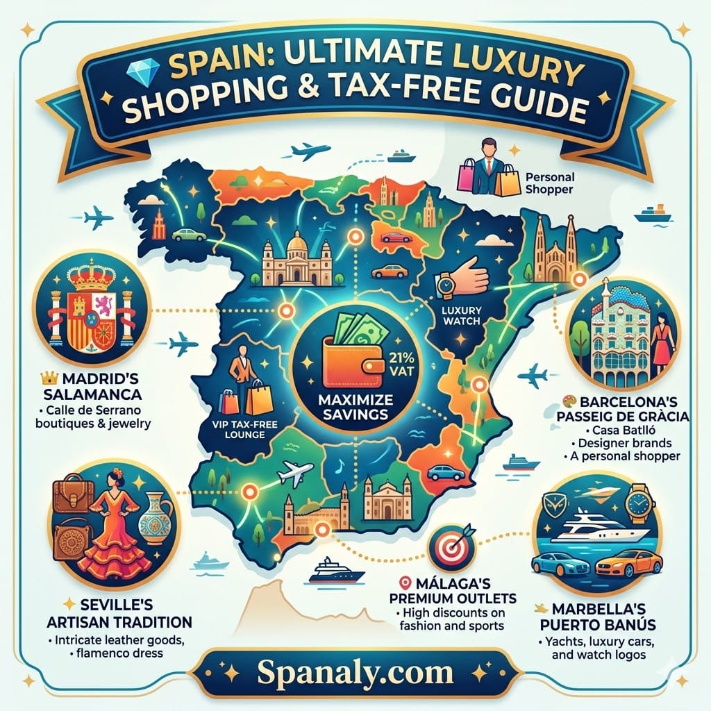 A vibrant square featured image infographic map of Spain, highlighting key luxury shopping destinations like Madrid's Calle de Serrano and Barcelona's Passeig de Gràcia, and the central focus on maximizing VAT savings through the Tax-Free process, all in English with no Arabic text and a prominent Spanaly.com signature.