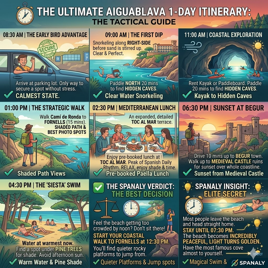 A square 1024x1024 tactical infographic showing an hour-by-hour itinerary for Aiguablava beach including snorkeling, kayaking, seafood lunch, and sunset at Begur castle.
