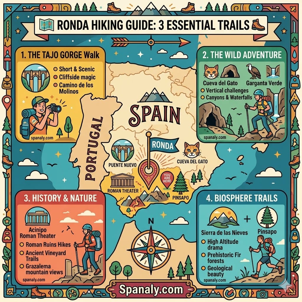 An epic infographic map of Spain highlighting Ronda with tactical icons for the Tajo Gorge Walk, Cueva del Gato, Acinipo Roman ruins, and Sierra de las Nieves biosphere trails.