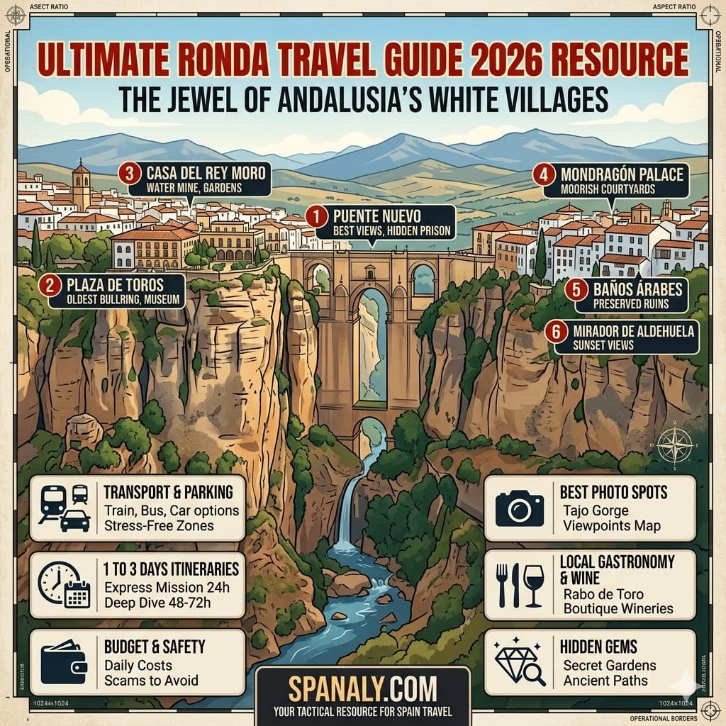 Ultimate Ronda travel guide 2026 infographic featuring Puente Nuevo, Tajo Gorge viewpoints, and Andalusia white villages map.