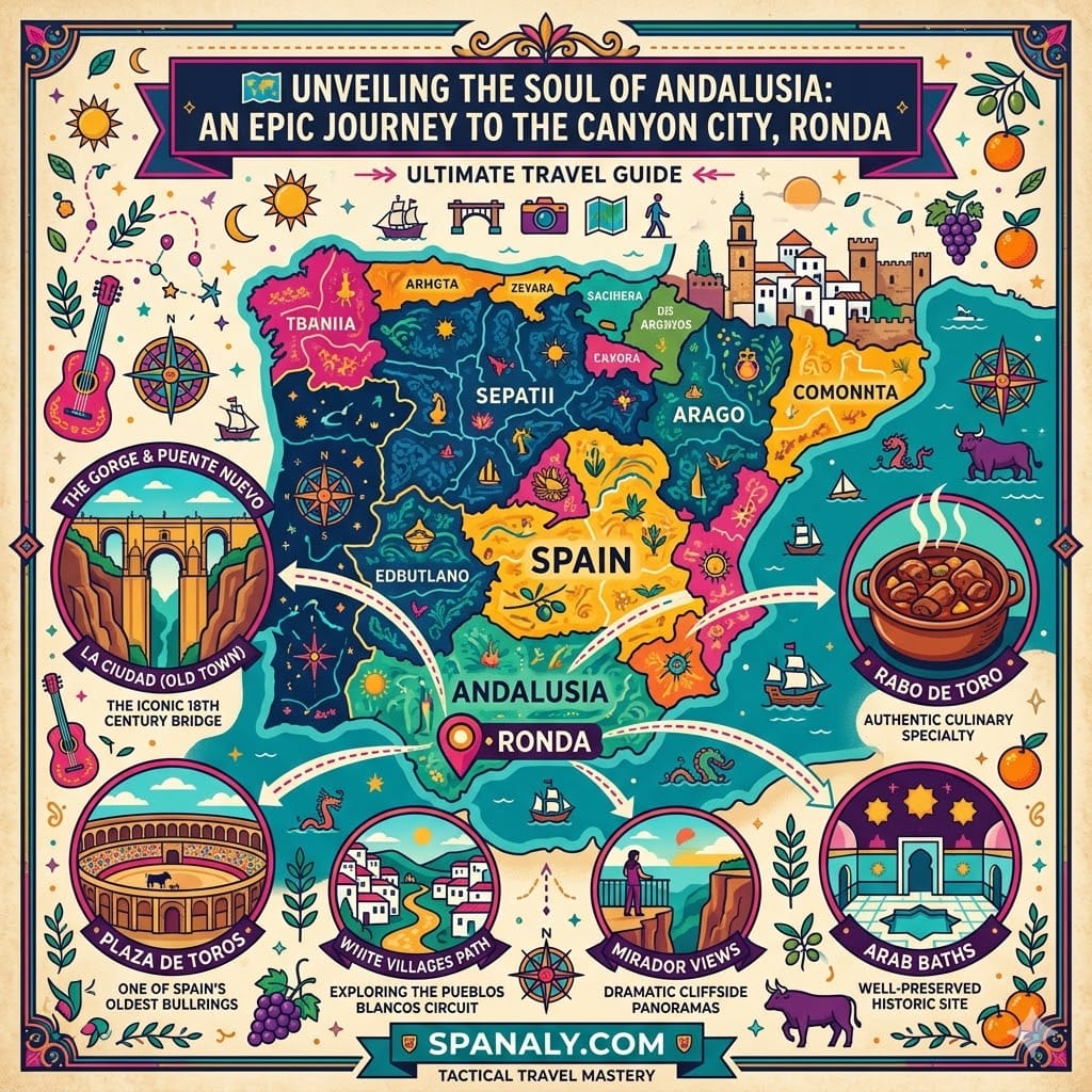 An epic infographic map of Spain highlighting Ronda in Andalusia, featuring top attractions like Puente Nuevo, Plaza de Toros, Arab Baths, and authentic Rabo de Toro cuisine.