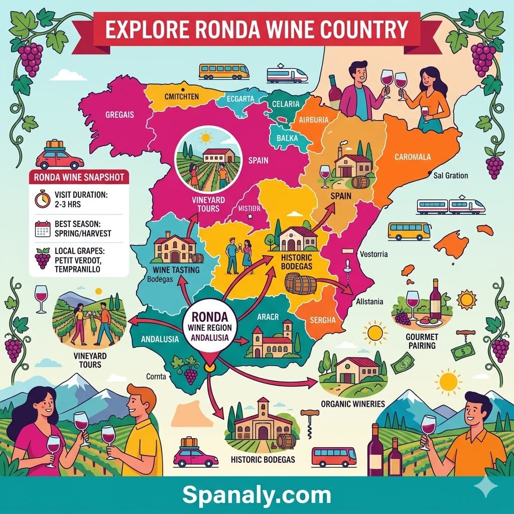 A vibrant infographic map of Spain highlighting the Ronda wine region with icons for vineyard tours, historic bodegas, and wine tasting.