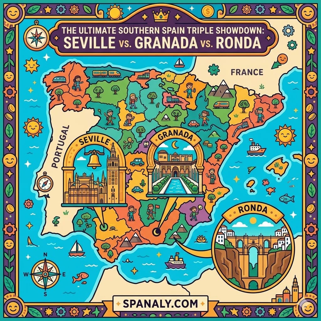 Epic infographic map of Southern Spain comparing Seville, Granada, and Ronda with icons of the Giralda, Alhambra, and Puente Nuevo bridge for the ultimate travel showdown.