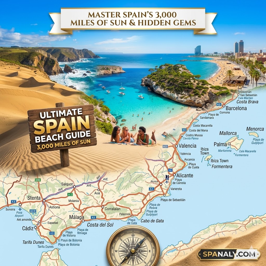 Ultimate Spain Beach Guide 2026 featured infographic map highlighting Valencia, Malaga, Barcelona, and the Balearic Islands