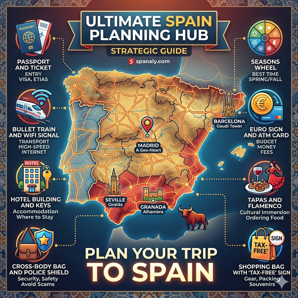 A comprehensive strategic infographic for Spain travel planning featuring icons for transport, budget, visa requirements, and cultural etiquette on a lit map of Spain.