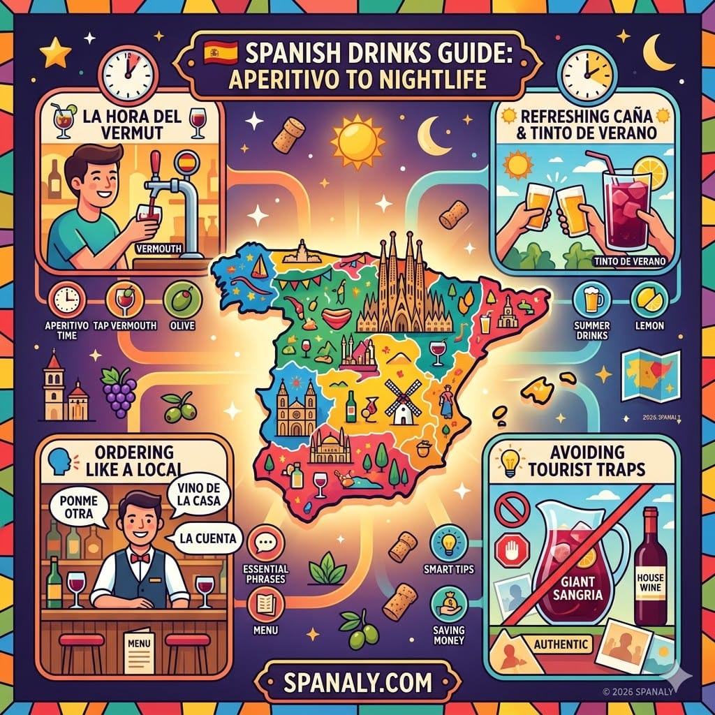 An epic infographic map of Spain titled Spanish Drinks Guide: Aperitivo to Nightlife, featuring icons for Vermouth, Tinto de Verano, beer, and tips on ordering like a local and avoiding tourist traps.