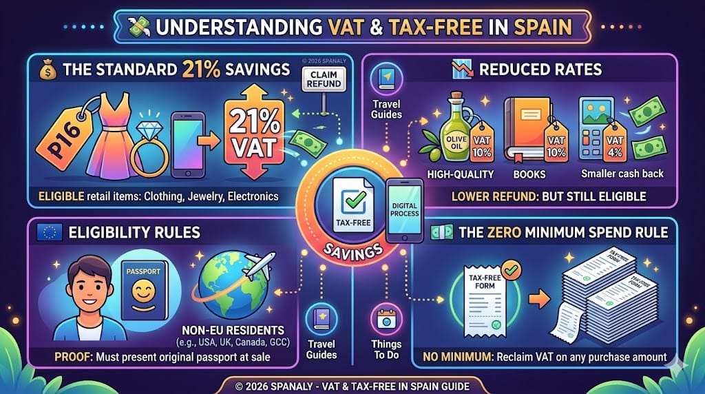 A vibrant infographic guide explaining the value of tax-free shopping in Spain, highlighting standard 21% VAT, reduced rates, eligibility for non-EU residents, and the zero minimum spend rule, all detailed with distinct visual style and no Arabic text.