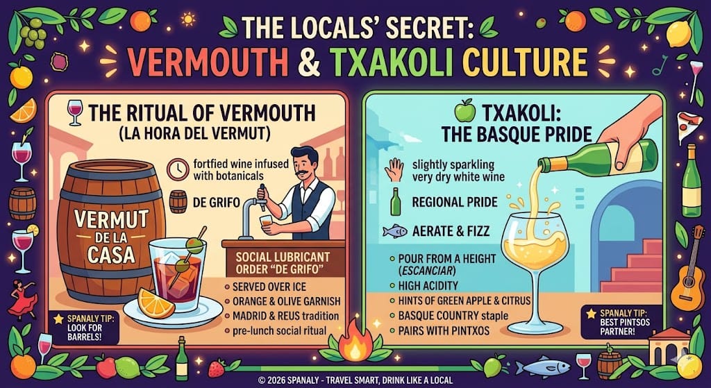An expert infographic explaining the ritual of Vermouth (La Hora del Vermut) in Madrid and the traditional high-pour of Basque Txakoli wine with local serving tips.