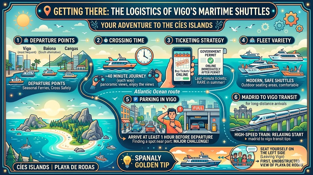 A detailed colorful infographic guide for reaching the Cíes Islands, illustrating ferry logistics from Vigo, Cangas, and Baiona, including ticket booking strategy, parking challenges, crossing times, and high-speed train transit options for visiting Playa de Rodas.