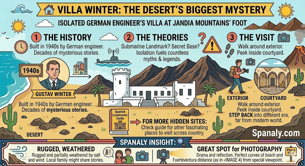 An educational infographic about Villa Winter in Fuerteventura, detailing its 1940s history, mysterious legends, visitor tips for the exterior and courtyard, and photography insights.