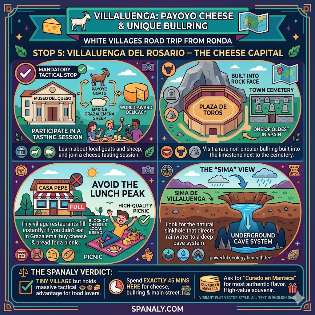 A tactical infographic of Villaluenga del Rosario, Spain, featuring the Payoyo Cheese Museum, the unique non-circular bullring built into the rock, and the Sima de Villaluenga sinkhole.