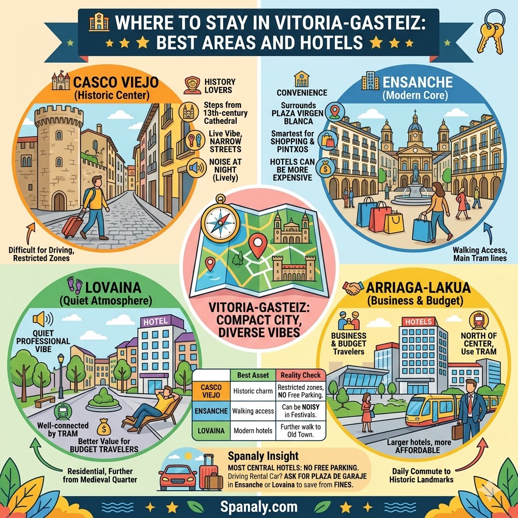 A colorful infographic comparing the best areas to stay in Vitoria-Gasteiz, featuring Casco Viejo for history, Ensanche for convenience, and Lovaina for quiet stays.
