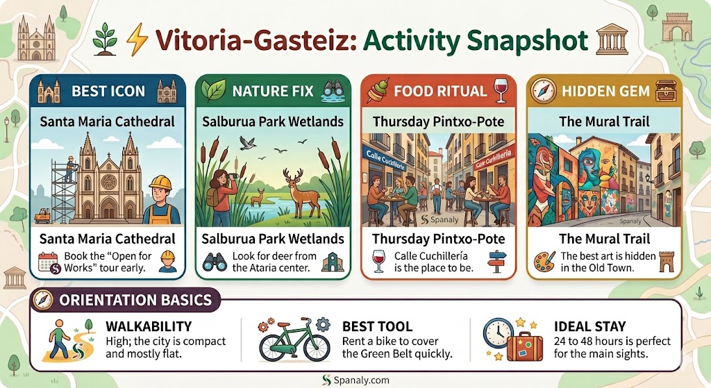 Infographic of top things to do in Vitoria-Gasteiz including Santa Maria Cathedral, Salburua Park, and Pintxo-Pote tradition.