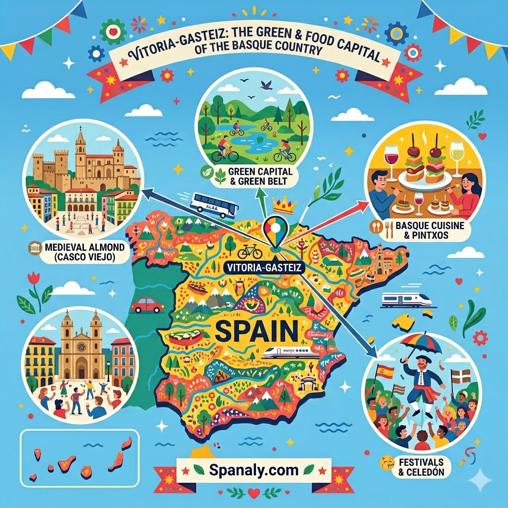 An epic infographic map of Spain highlighting Vitoria-Gasteiz as the green and food capital, featuring icons for the Medieval Almond, Pintxos, and the Green Belt.