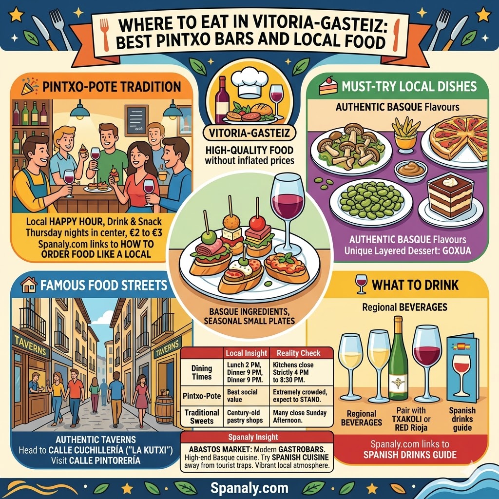 An infographic of the best food in Vitoria-Gasteiz, including the Pintxo-Pote tradition, local dishes like Goxua, and famous food streets like Calle Cuchillería.