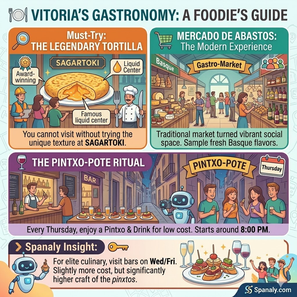 Infographic of Vitoria-Gasteiz food guide featuring Sagartoki tortilla, Mercado de Abastos, and the Thursday Pintxo-Pote ritual.