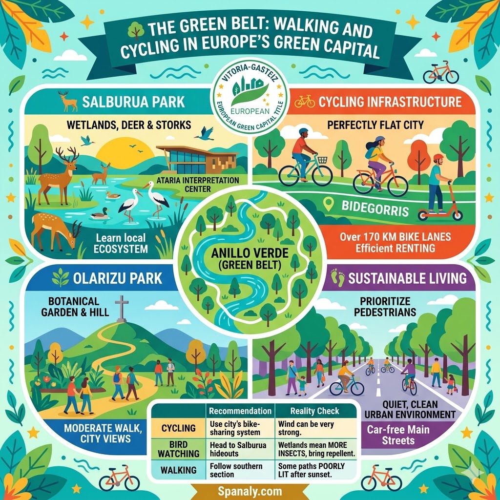 An infographic showcasing the Vitoria-Gasteiz Green Belt, including Salburua Park wetlands, cycling on Bidegorris, and sustainable urban living.