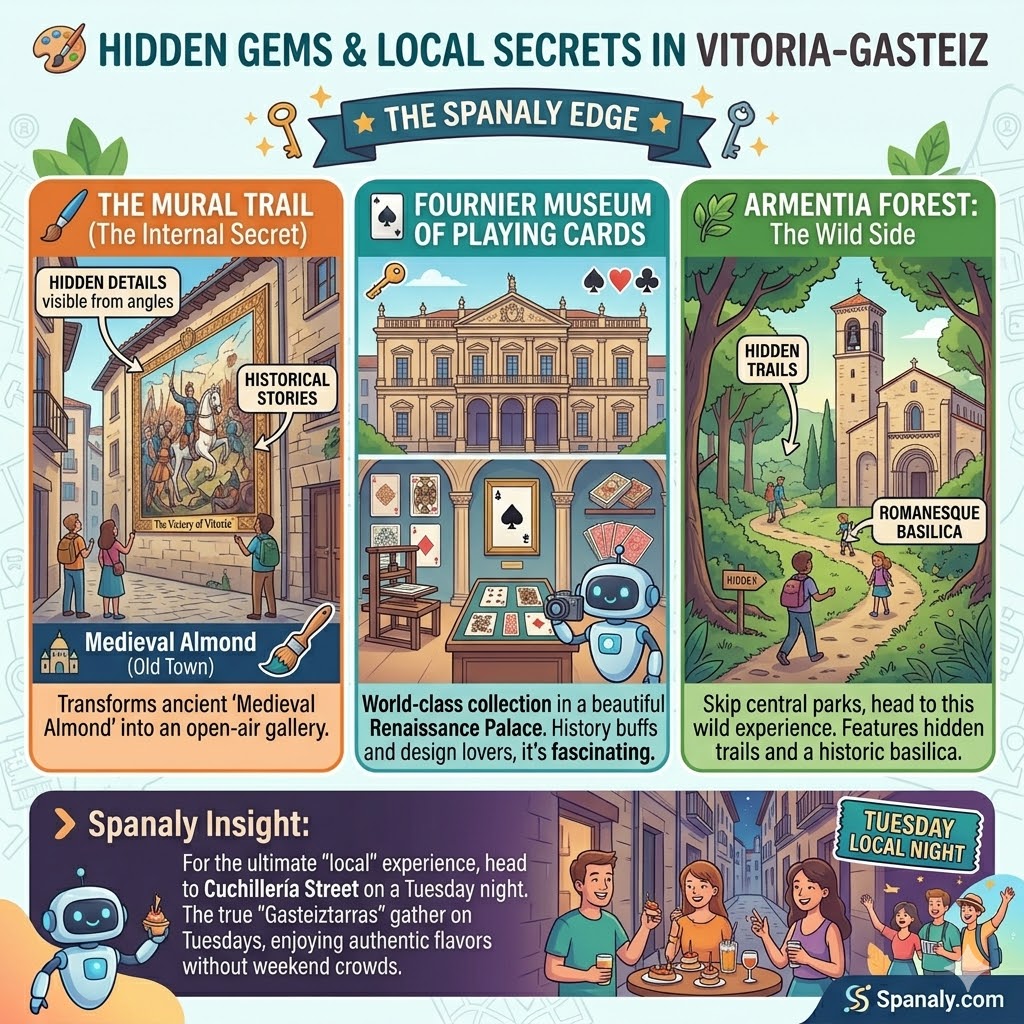 Infographic showing Vitoria-Gasteiz hidden gems including the Mural Trail, Fournier Museum of Playing Cards, and Armentia Forest trails.