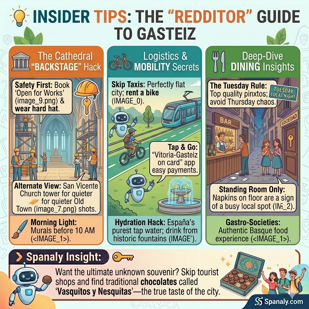 Infographic of Vitoria-Gasteiz insider tips featuring the cathedral hard hat tour, city bike lanes, and local chocolate souvenirs.