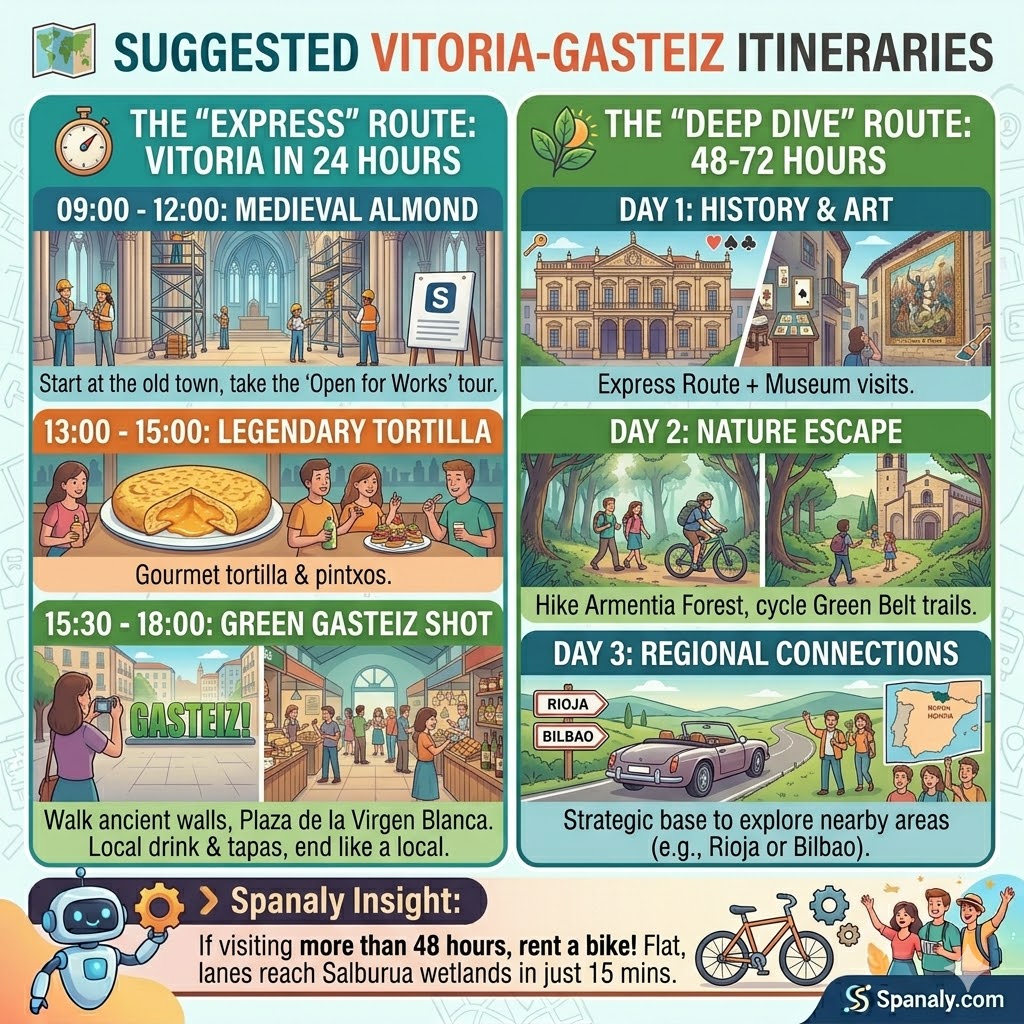 Infographic showing Vitoria-Gasteiz travel itineraries for 24 hours and 72 hours, featuring the Medieval Almond, Sagartoki, and Armentia Forest.