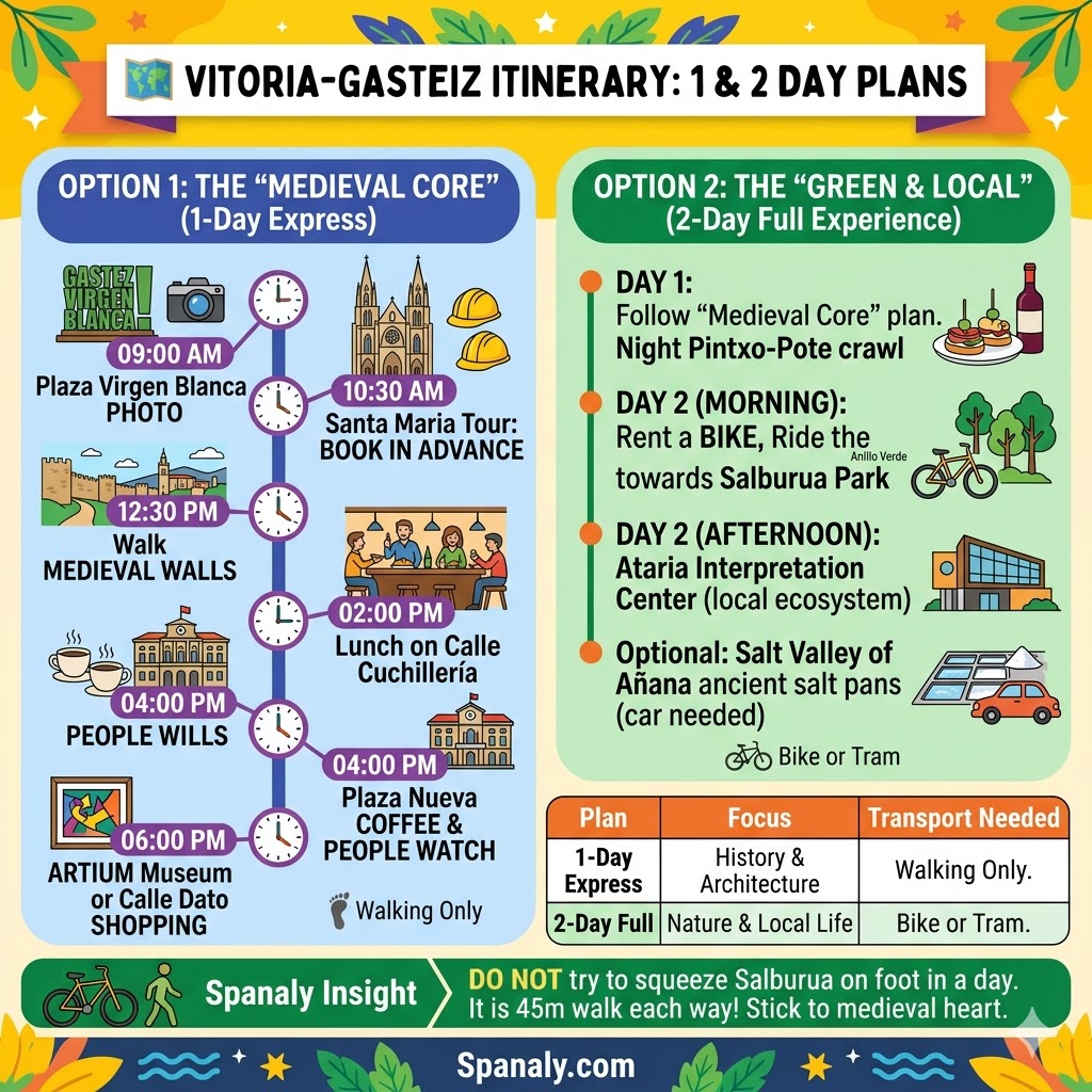 An infographic detailing a 1-day "Medieval Core" express itinerary and a 2-day "Green & Local" full experience itinerary for visiting Vitoria-Gasteiz, including a comparison table.