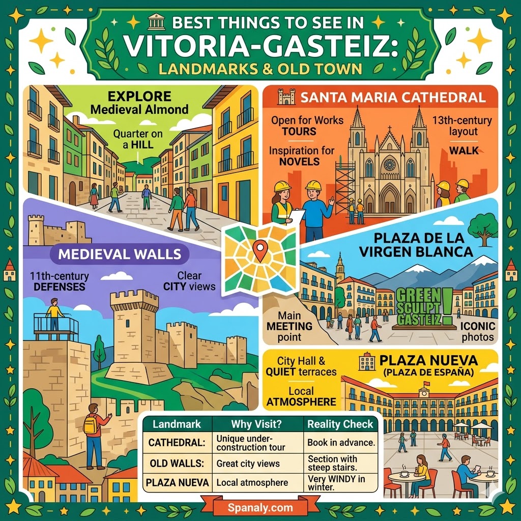 An infographic of Vitoria-Gasteiz landmarks including Santa Maria Cathedral, the Medieval Wall, Plaza de la Virgen Blanca, and Plaza Nueva.