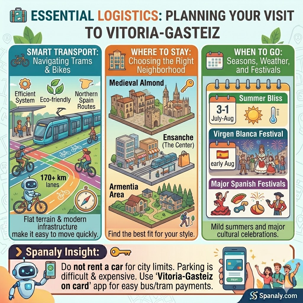 Infographic of Vitoria-Gasteiz logistics including tram and bike transport, best neighborhoods to stay, and festival seasons.