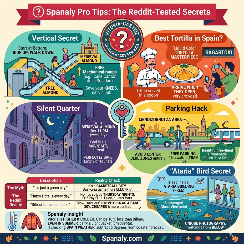 An infographic sharing insider travel tips for Vitoria-Gasteiz tested by Reddit, including vertical transport hacks, parking secrets, and food recommendations.