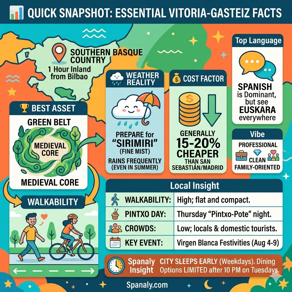 An infographic summarizing essential travel facts about Vitoria-Gasteiz, including weather, costs, and local pintxo-pote traditions.