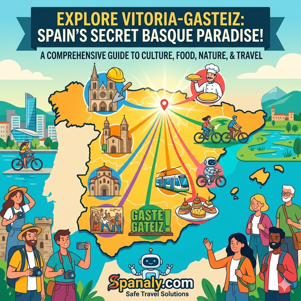 Epic travel map of Spain highlighting Vitoria-Gasteiz with icons for Basque cuisine, medieval architecture, green belt nature, and city landmarks.