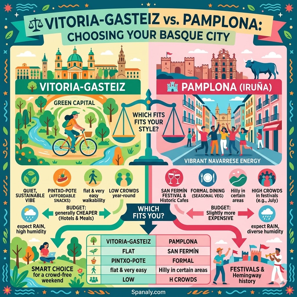 A side-by-side comparison infographic between Vitoria-Gasteiz and Pamplona, highlighting differences in green spaces, festivals, food culture, and travel budgets.