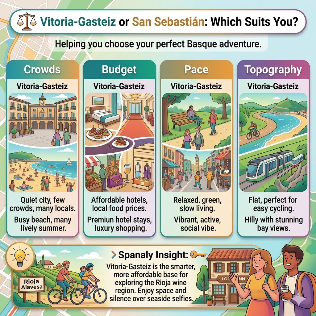 Comparison infographic between Vitoria-Gasteiz and San Sebastian highlighting crowds, budget, pace, and topography for Basque Country travelers.