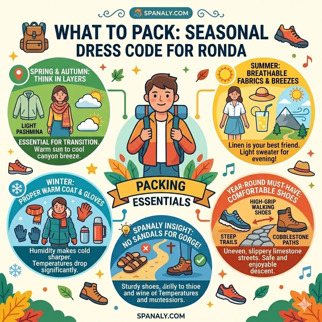 Detailed 1024x1024 packing infographic for Ronda featuring seasonal clothing tips, mountain dress code essentials, and specific footwear advice for the Tajo Gorge.